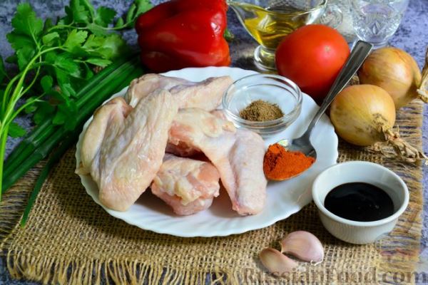 Куриные крылья с овощами и соусом терияки (на сковороде)